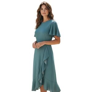 BeryLove Womens Teal Shimmer Metallic Ruffle Faux Wrap Maxi Dress Size 12 14